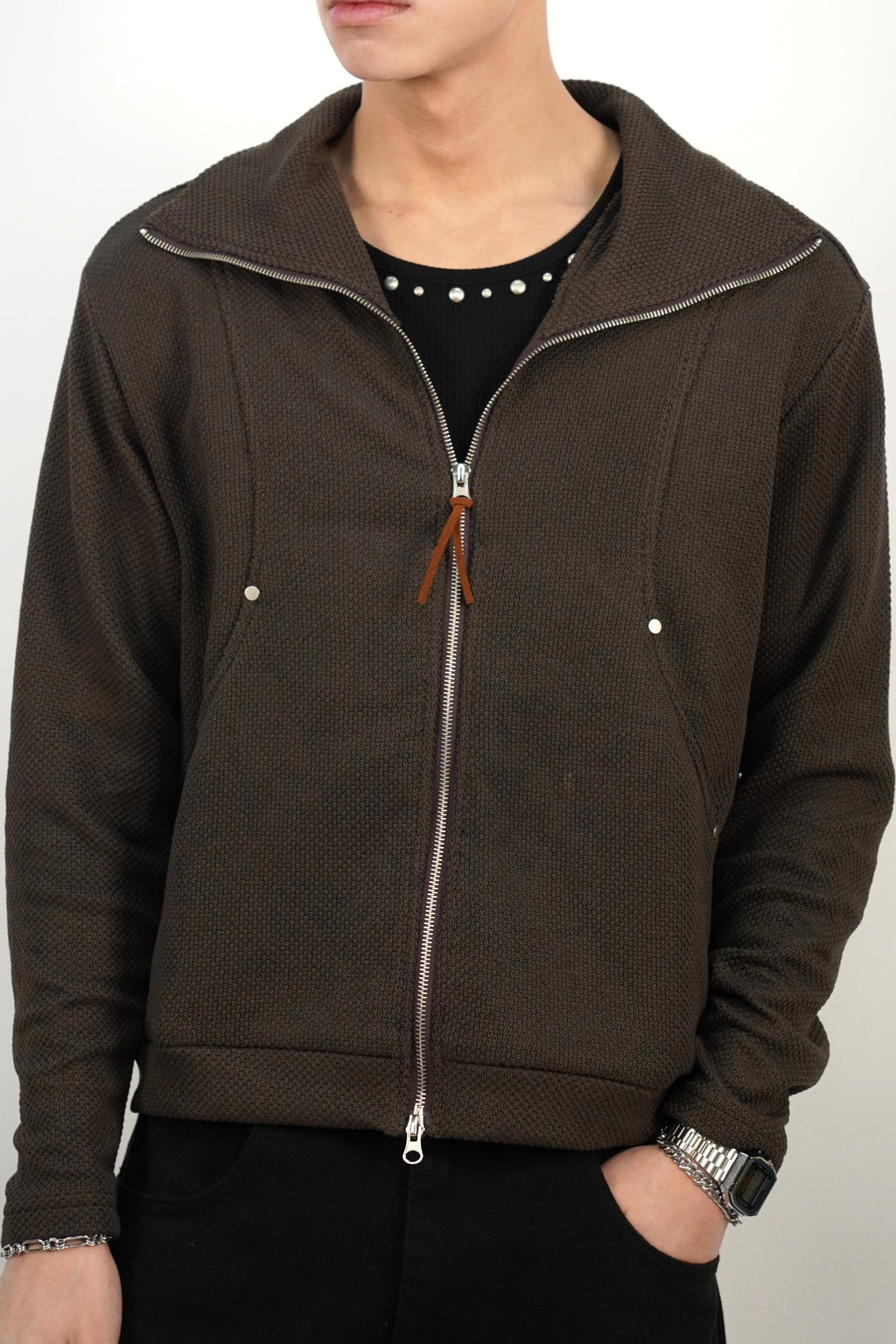 [雙拉鏈] 鉚釘高領外套(五色)