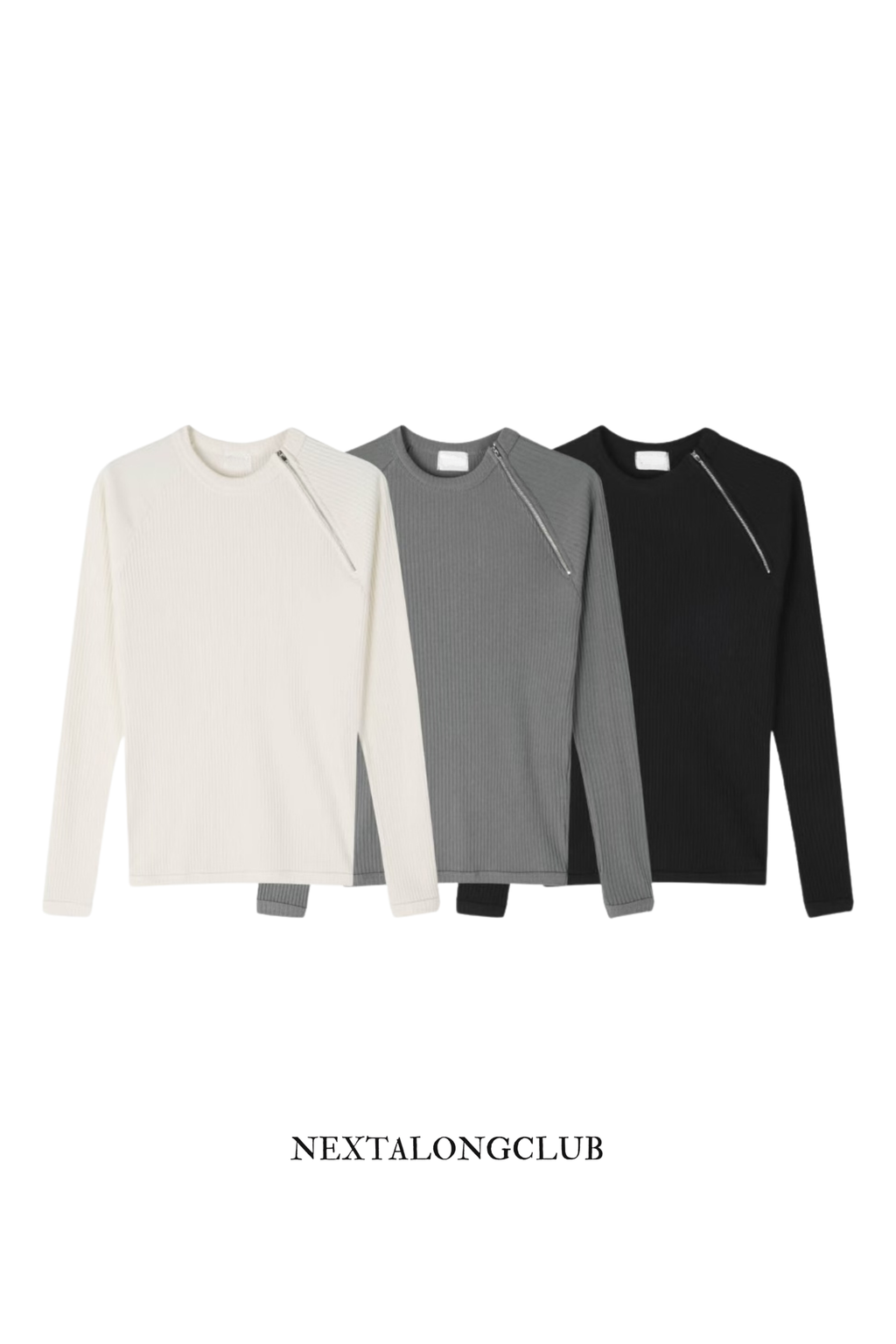 羅紋收腰側拉鍊長袖(三色)