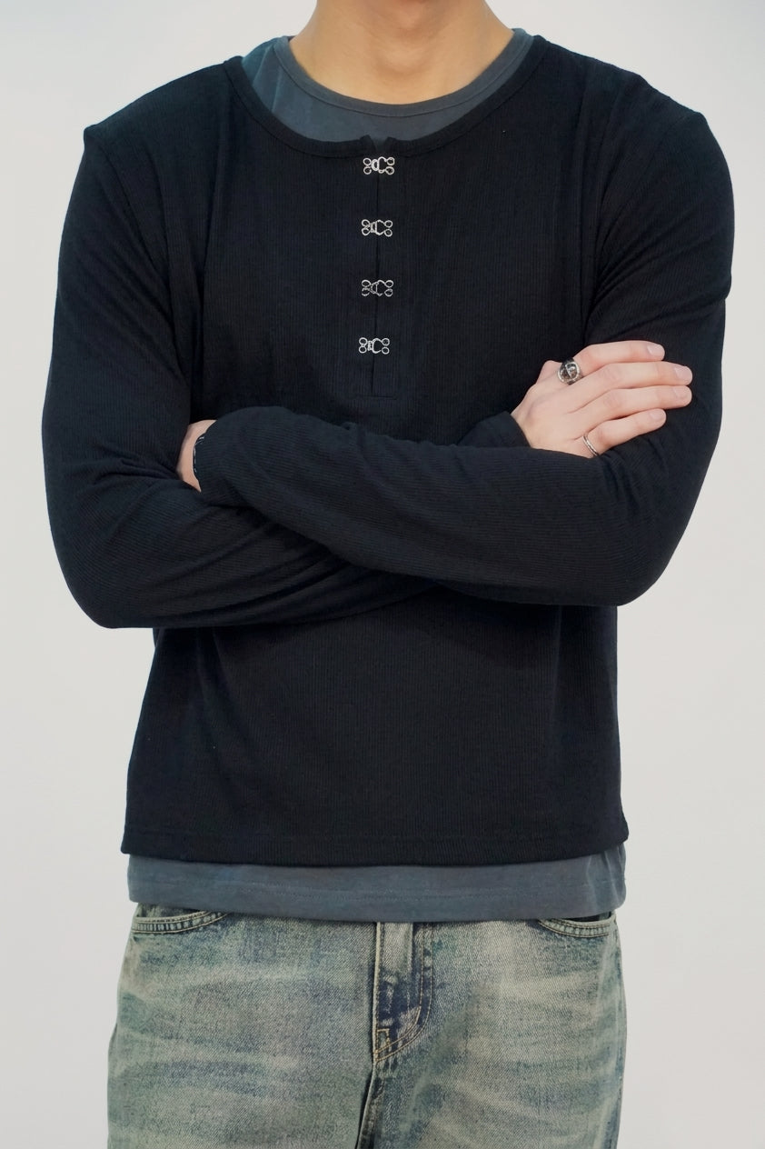 經典盤扣假兩件長袖(三色)