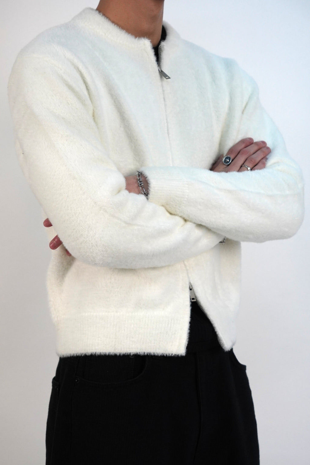 [雙拉鍊] 圓領絨毛針織外套(四色)