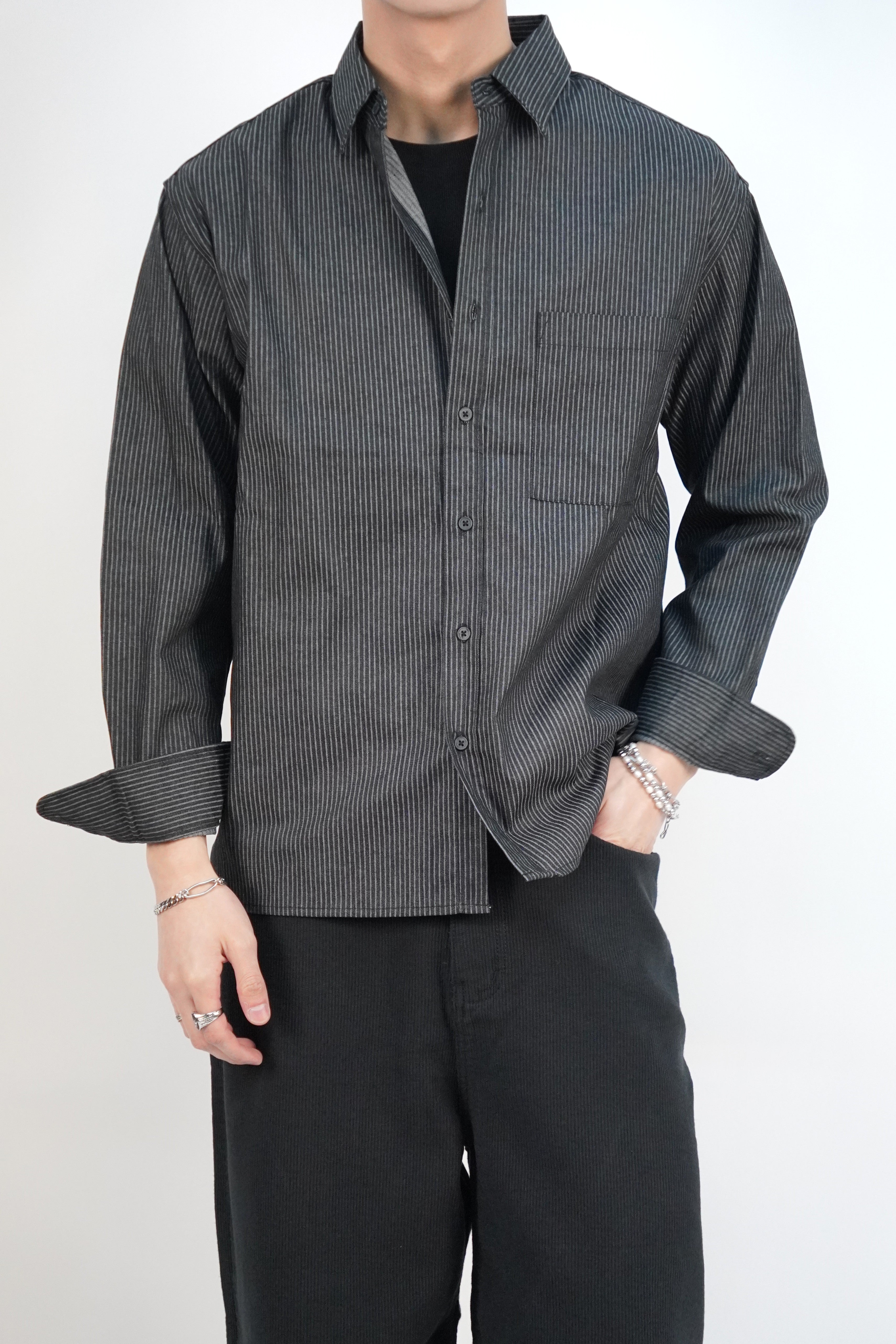 挺身牛仔間條襯衫(兩色)