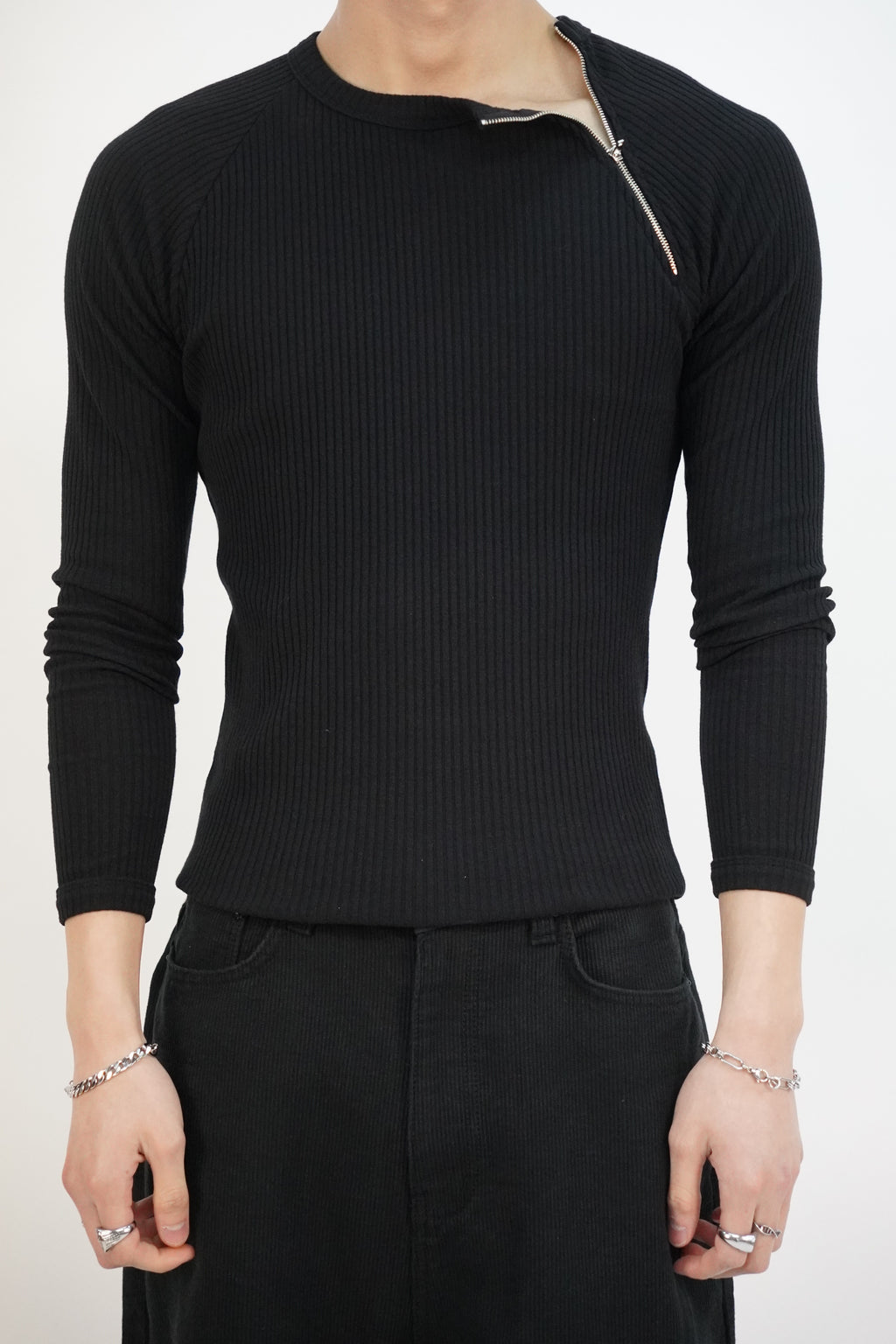 羅紋收腰側拉鍊長袖(三色)