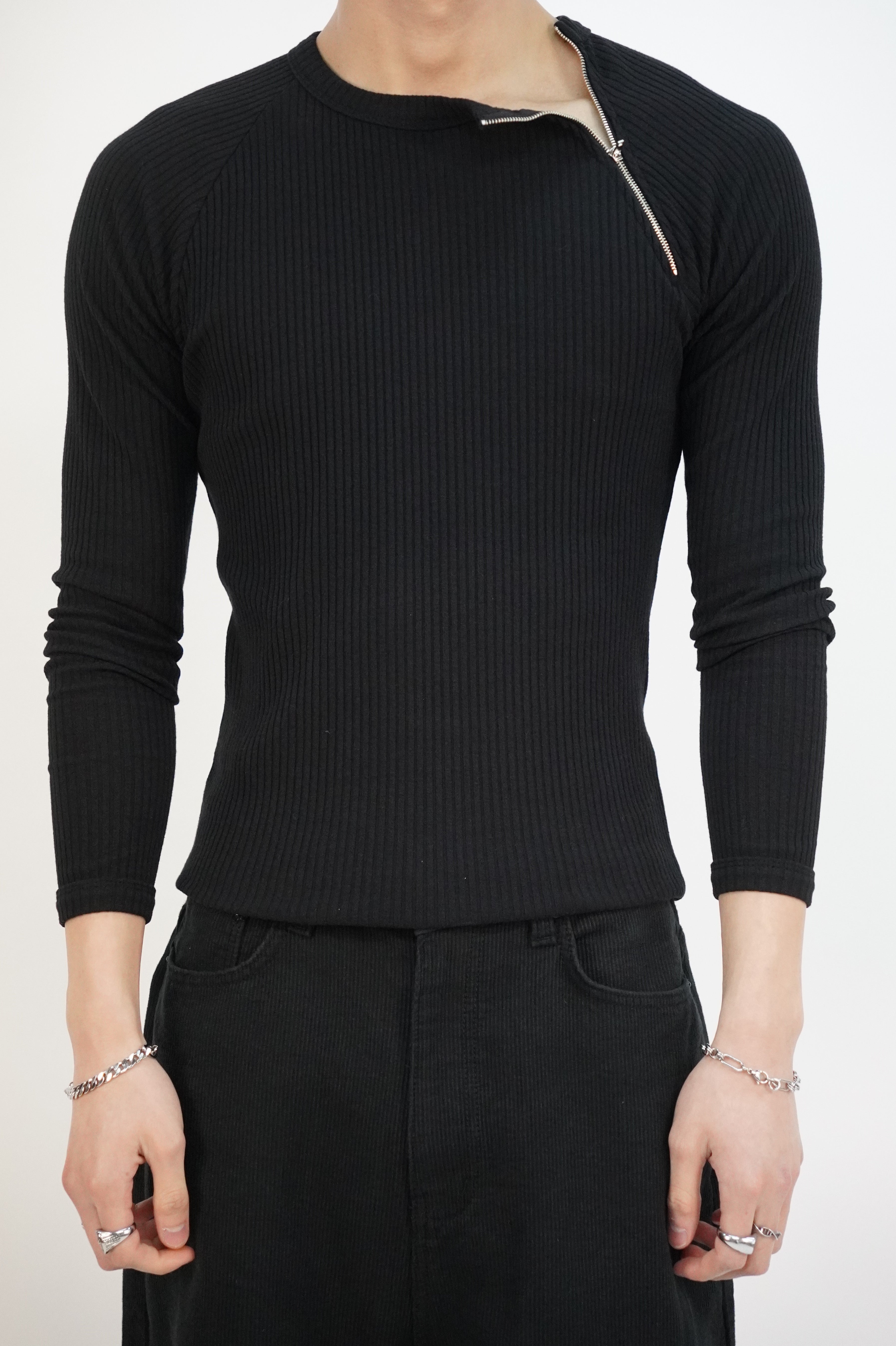 羅紋收腰側拉鍊長袖(三色)