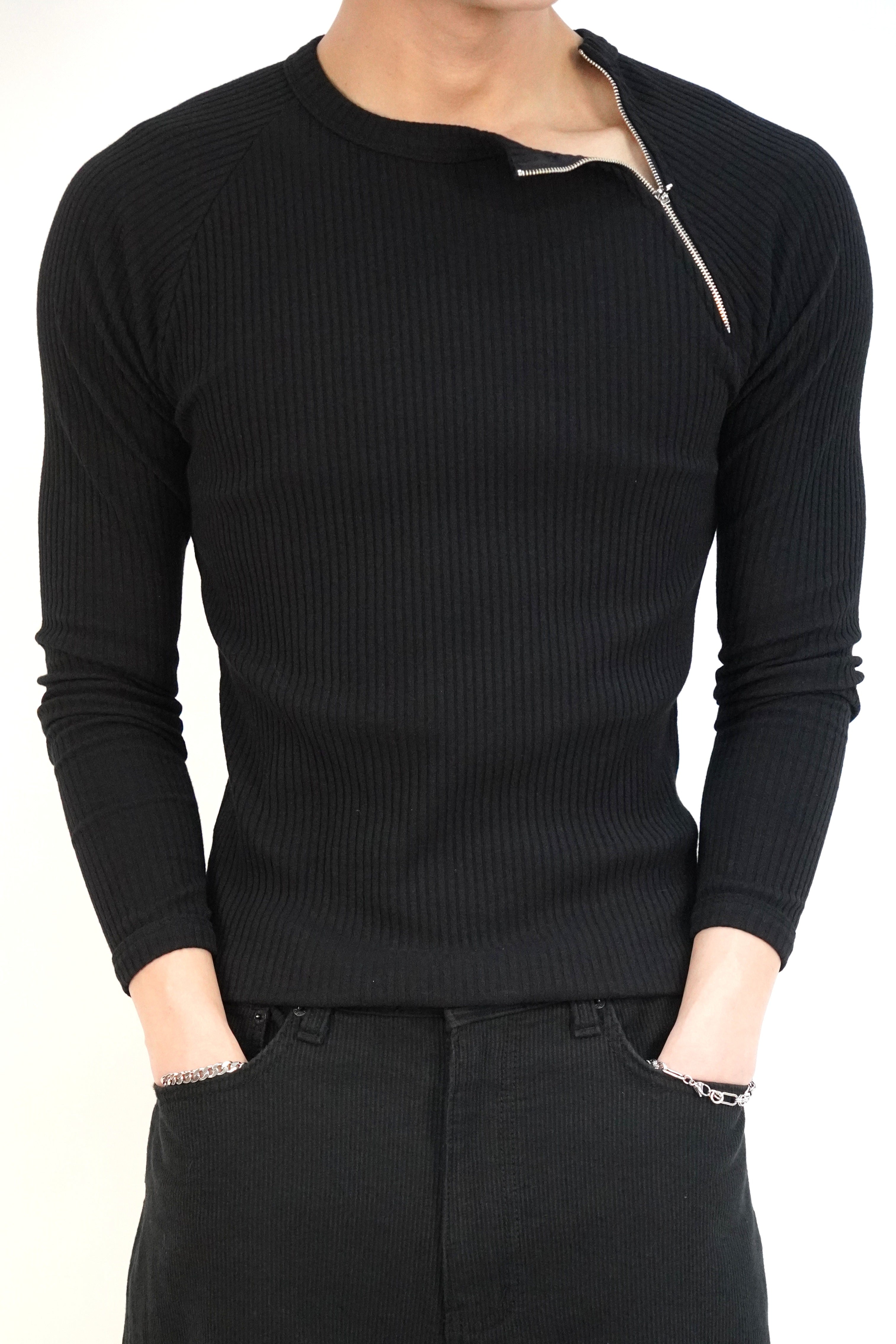 羅紋收腰側拉鍊長袖(三色)