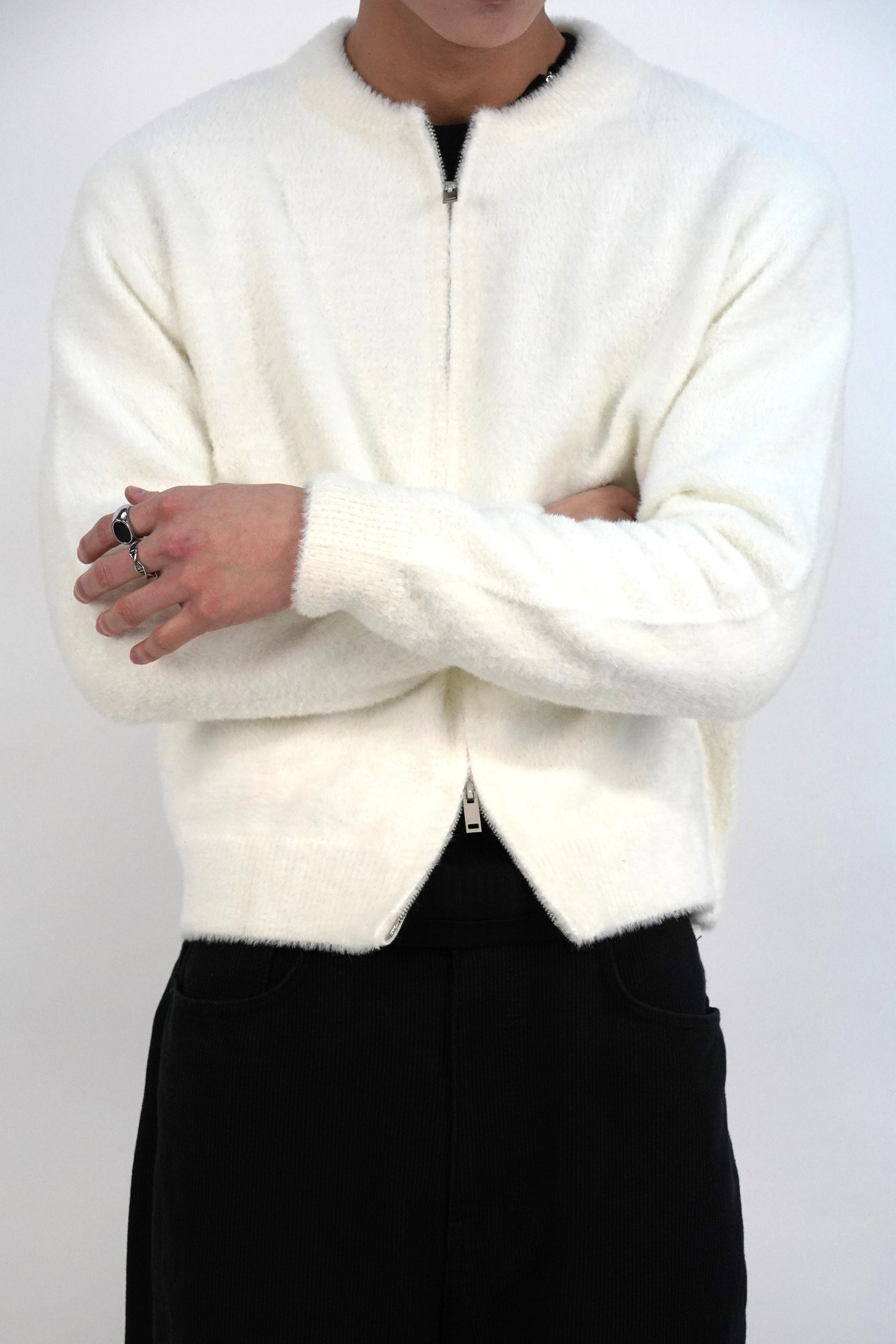 [雙拉鍊] 圓領絨毛針織外套(四色)