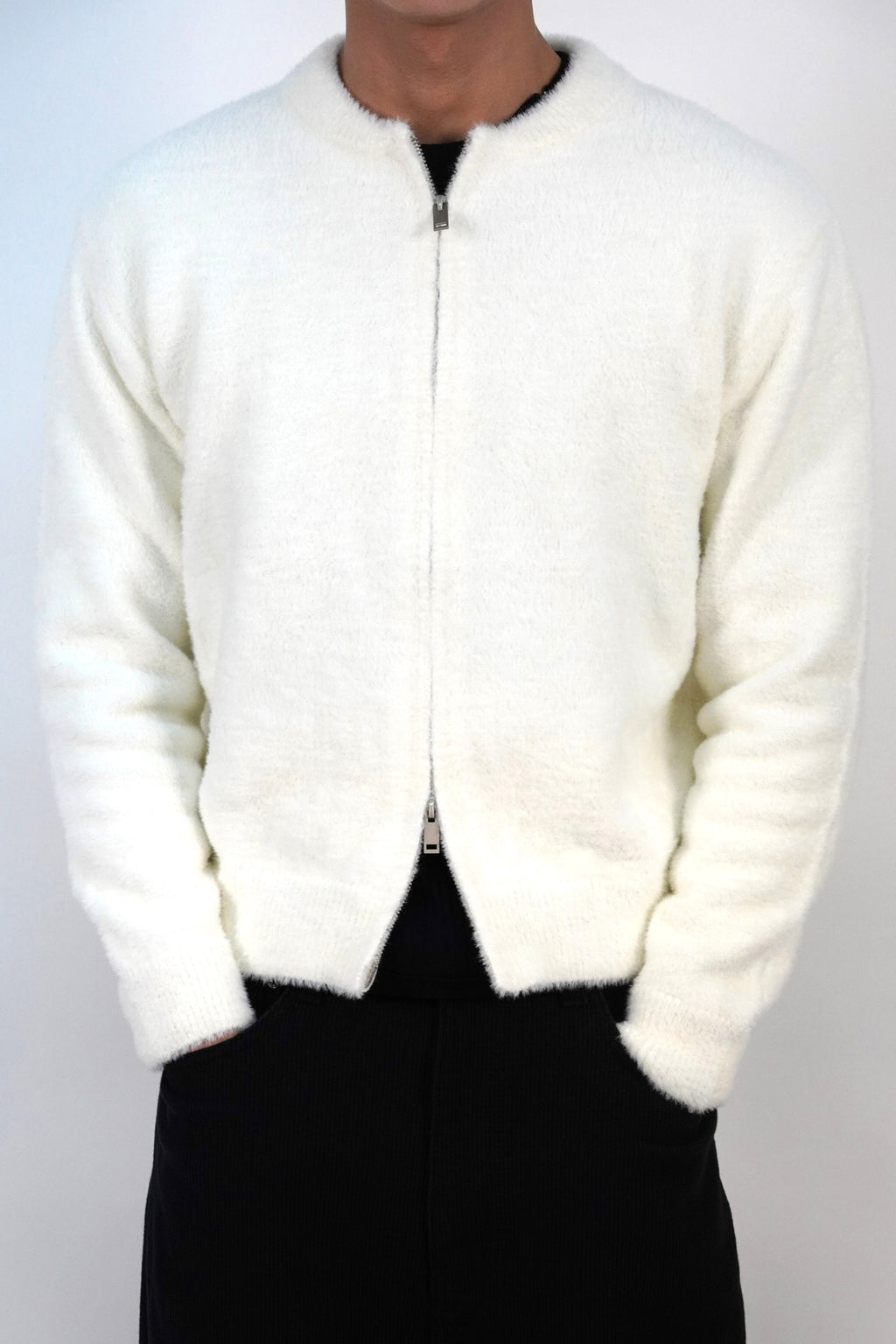 [雙拉鍊] 圓領絨毛針織外套(四色)